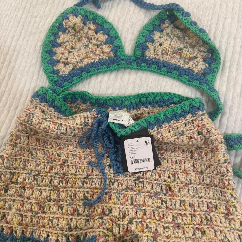 Ana Sui Rivera Crochet Bikini Set in Green and Blue
